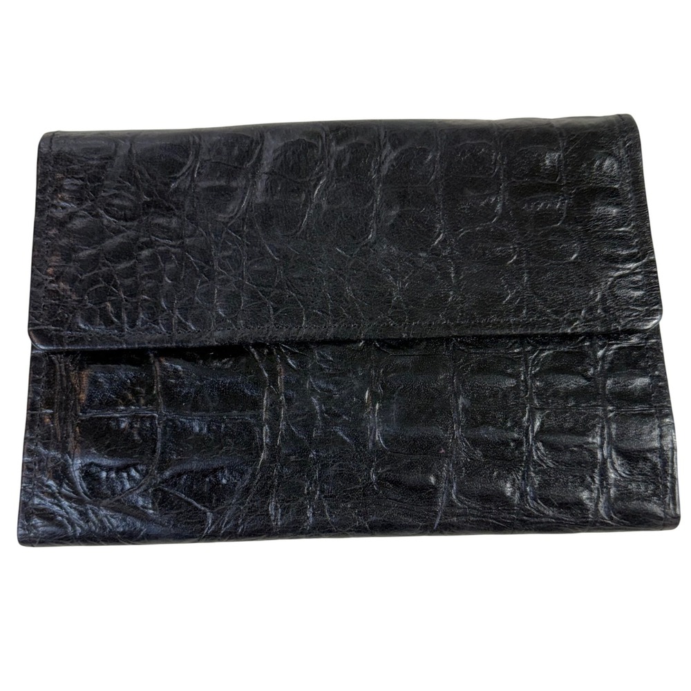 Tusk Leather Wallet Black Croc Embossed Trifold Organizer Pocketbook